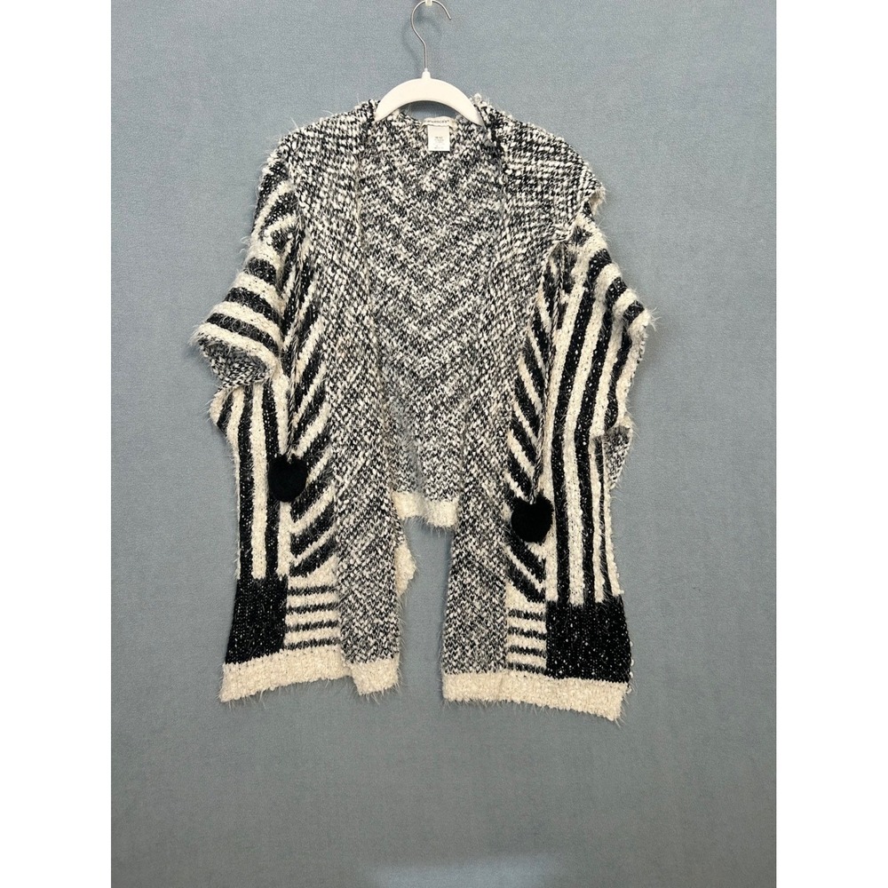 Francescas Hooded Knit Poncho Black White Chevron Stripe Pom Pom One Size Y0417